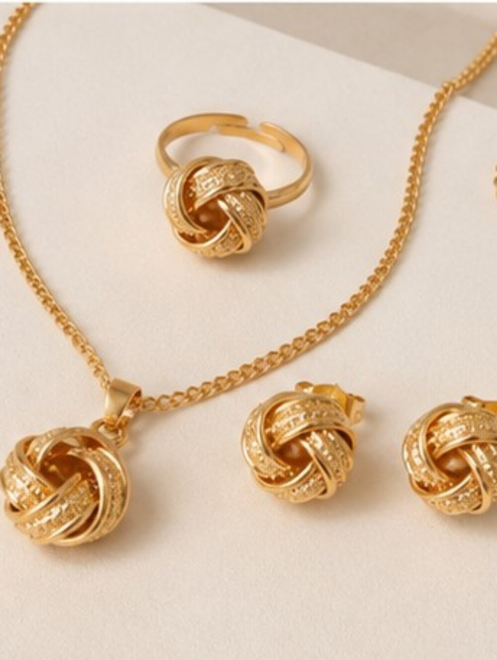 Gold Knot Pendant Necklace, Earrings & Ring Set - Women Jewelry